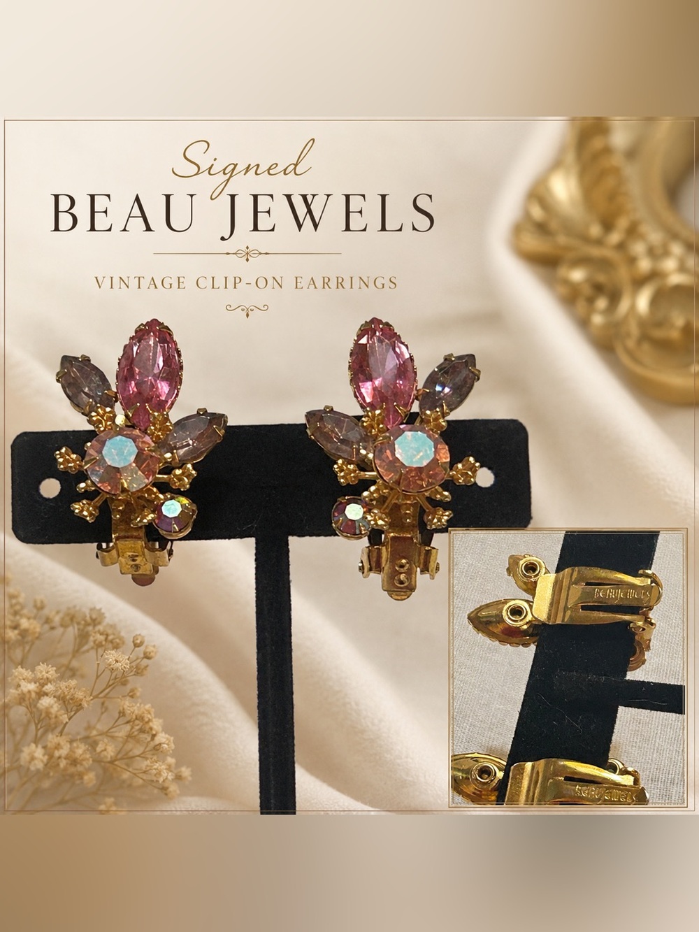 Signed Beau Jewels Pink Crystal Clip-On Earrings